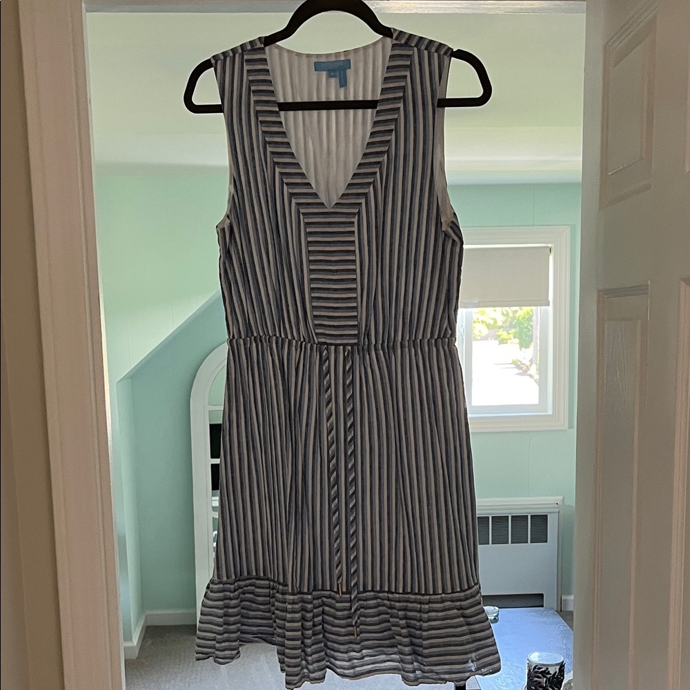 Draper James Navy and White Striped V-Neck Sleeveless Dress
